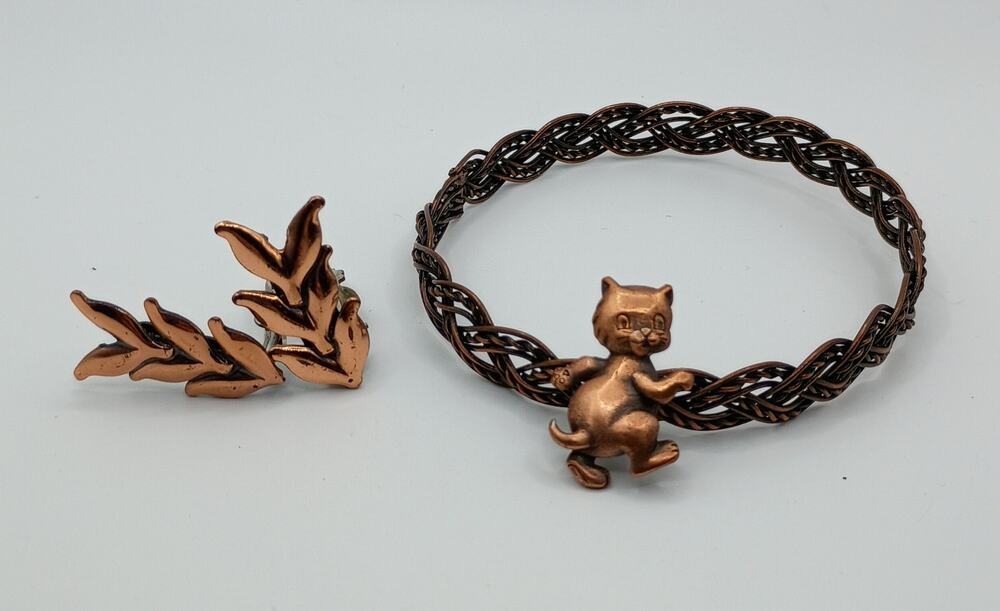 Vintage Copper Jewelry Set – Renoir Earrings, Braided Bracelet & JJ Cat Pin